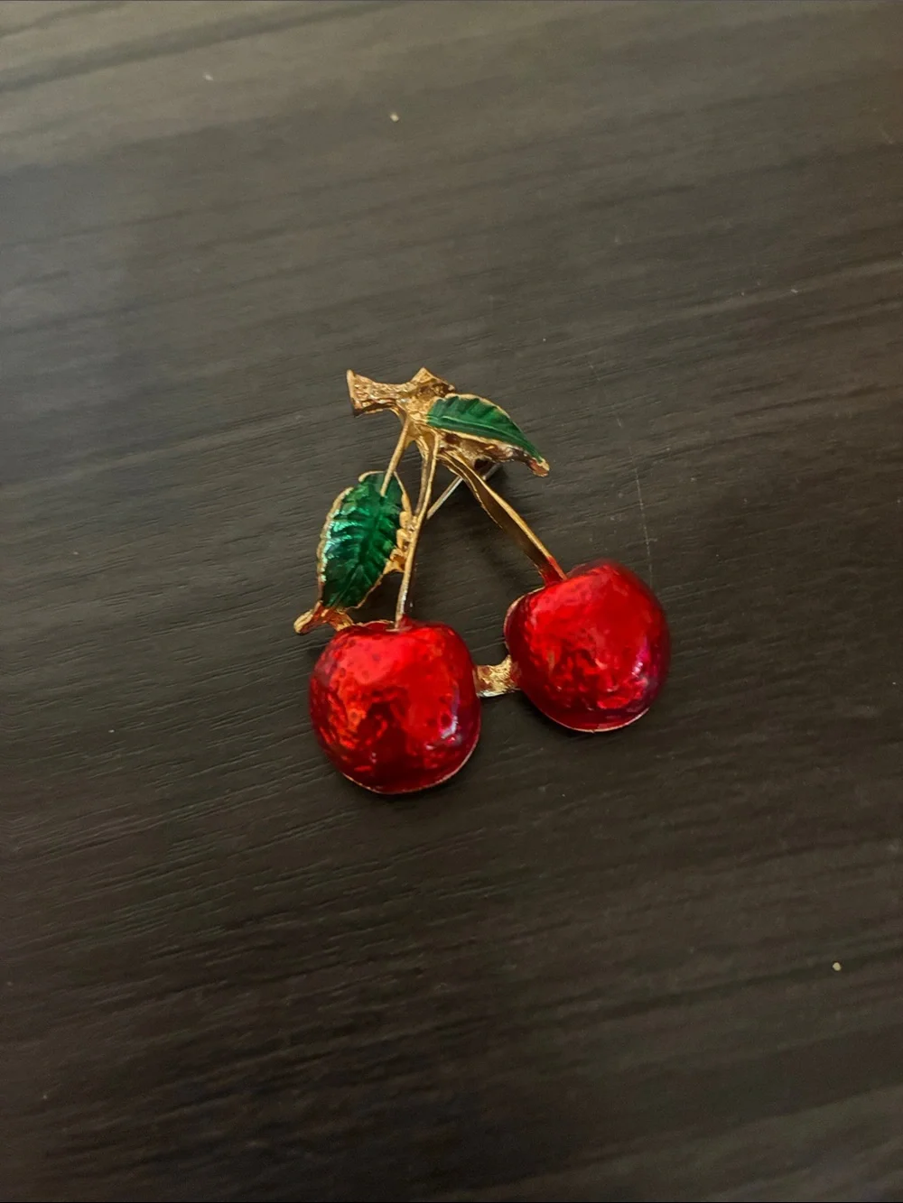 Vintage Inspired Cherry Brooch Red Enamel Fruit Pin Gold Tone Jewelry